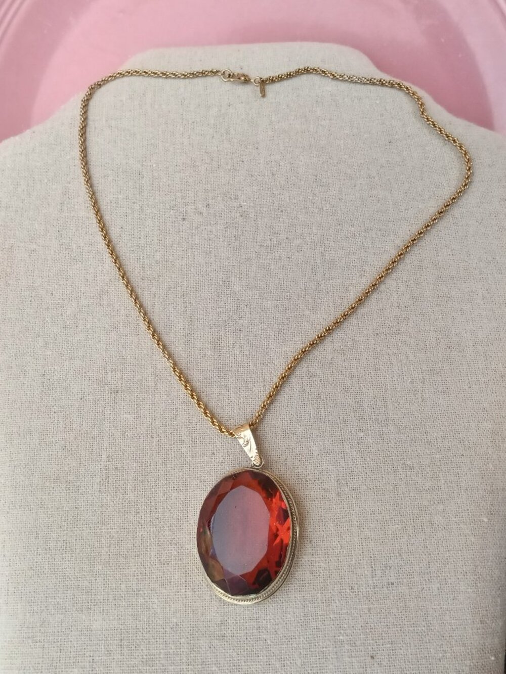 Antique Rolled Gold/Czech Glass Pendant w/Chain